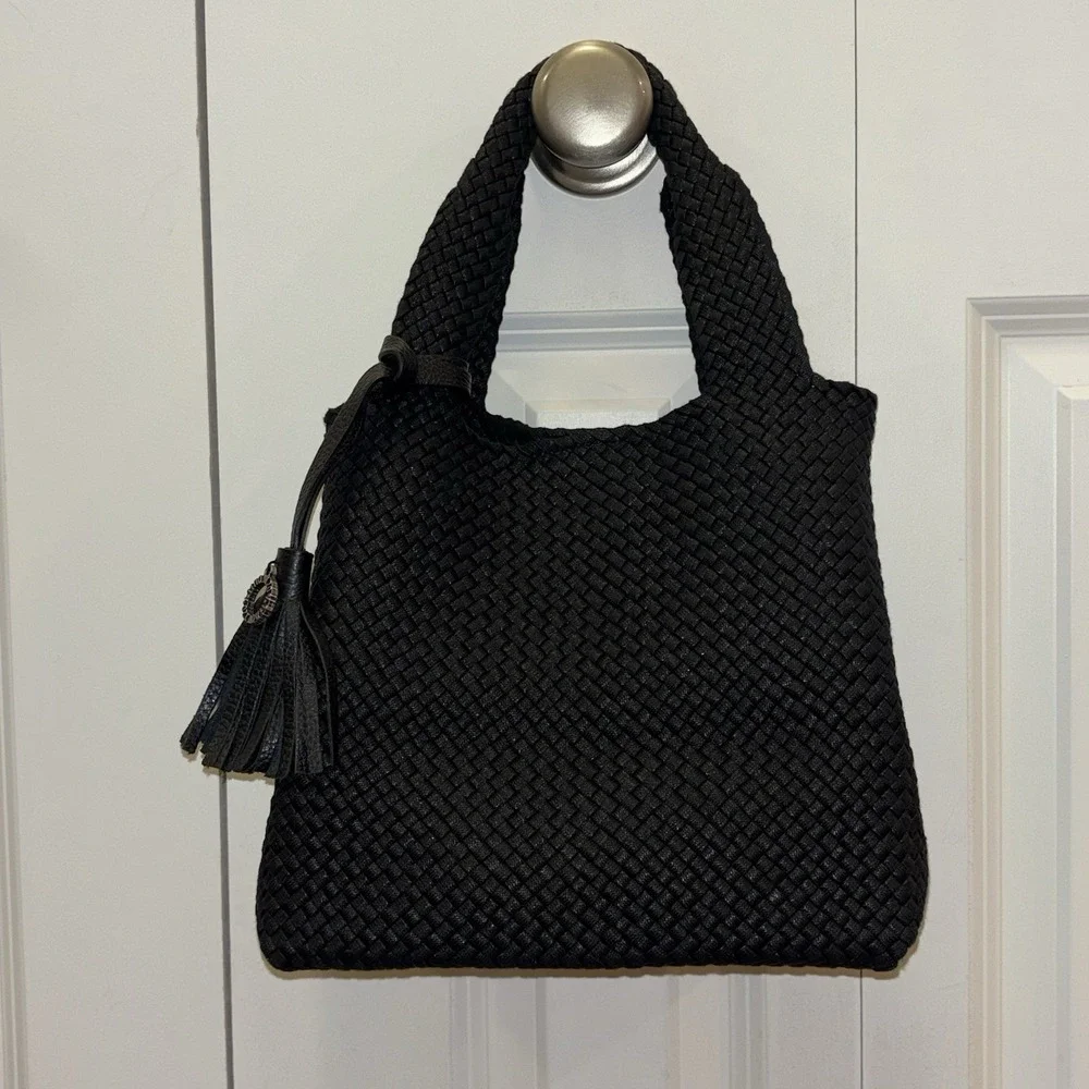 NWOT 120% Lino Italian Black Woven Handbag Mini Tote Logo Tassel